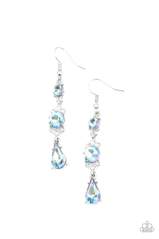 OUTSTANDING OPULENCE - BLUE AQUAMARINE RHINESTONE EARRINGS OIL SPILL UV SHIMMER PURPLE