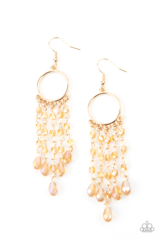 DAZZLING DELICIOUS - GOLD IRIDESCENT CRYSTALS FRINGE SILVER HOOP EARRINGS