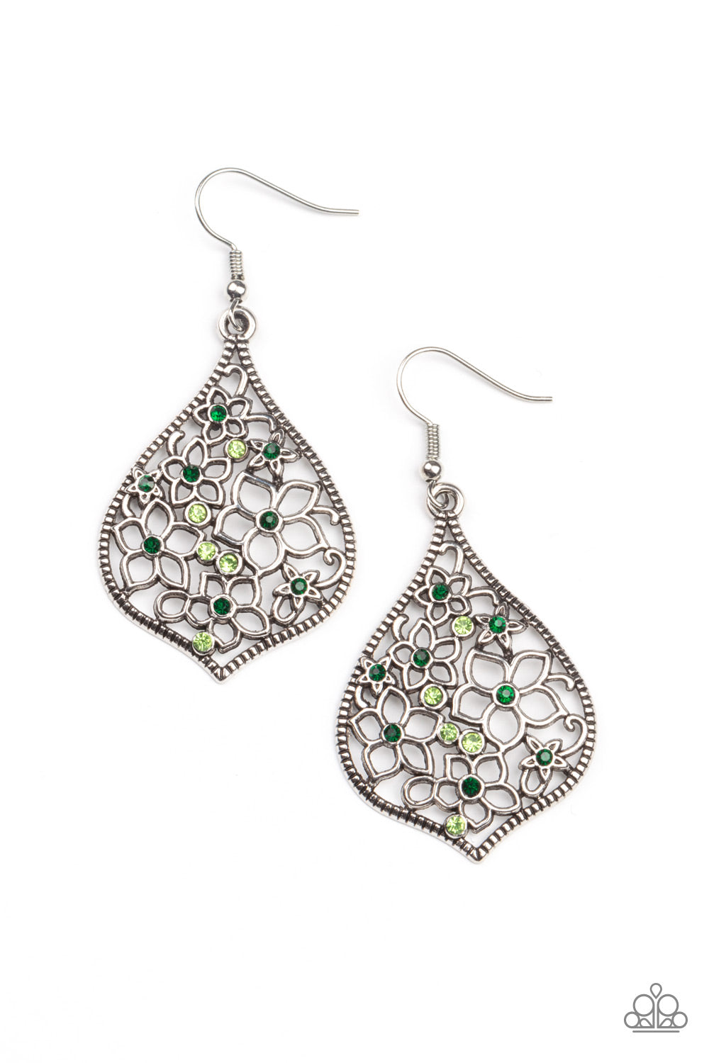 FULL OUT FLORALS - GREEN EMERALD RHINESTONES CUT OUT FLOWERS SILVER TEARDROP EARRINGS