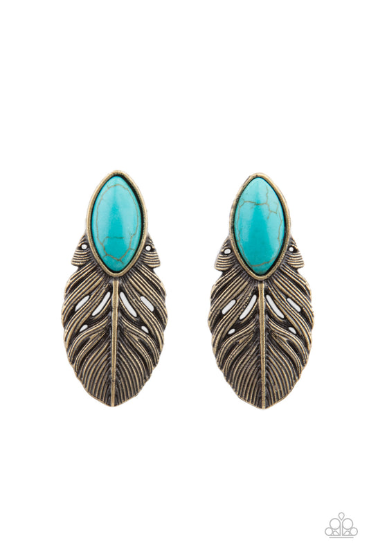 RURAL ROADRUNNER - BRASS FEATHER OVAL BLUE TURQUOISE DOUBLE POST EAR JACKET EARRINGS