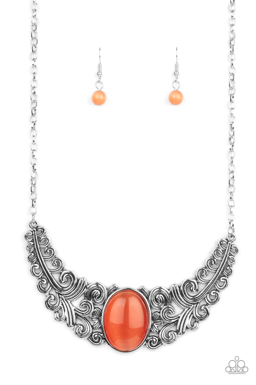 CELESTIAL EDEN - ORANGE OVAL MOONSTONE FLORAL FILIGREE BIB NECKLACE
