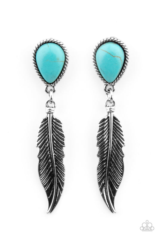 TOTALLY TRAN-QUILL - BLUE TURQUOISE SILVER FEATHER PENDANT EARRINGS