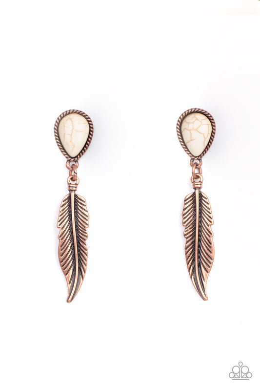 TOTALLY TRAN-QUILL - COPPER FEATHER PENDANT WHITE TURQUOISE TEARDROP POST EARRINGS