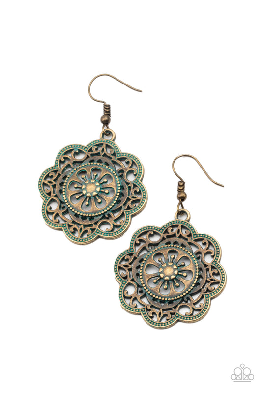 WESTERN MANDALAS - BRASS FLORAL PATINA MEDALLION PENDANT EARRINGS
