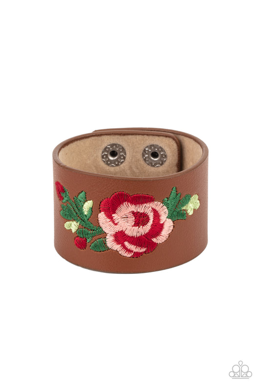 REBEL ROSE - BROWN EMBROIDERED ROSE WRAP BRACELET