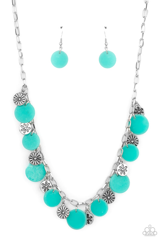 FLOWER POWERED - BLUE FLORAL SHELL TURQUOISE FRINGE NECKLACE