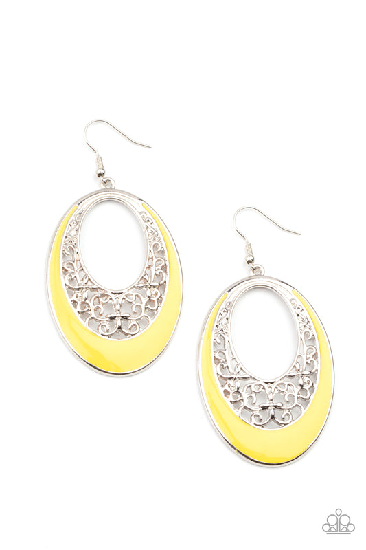 ORCHARD BLISS - YELLOW ENAMEL SILVER FILIGREE OVAL PENDANT EARRINGS