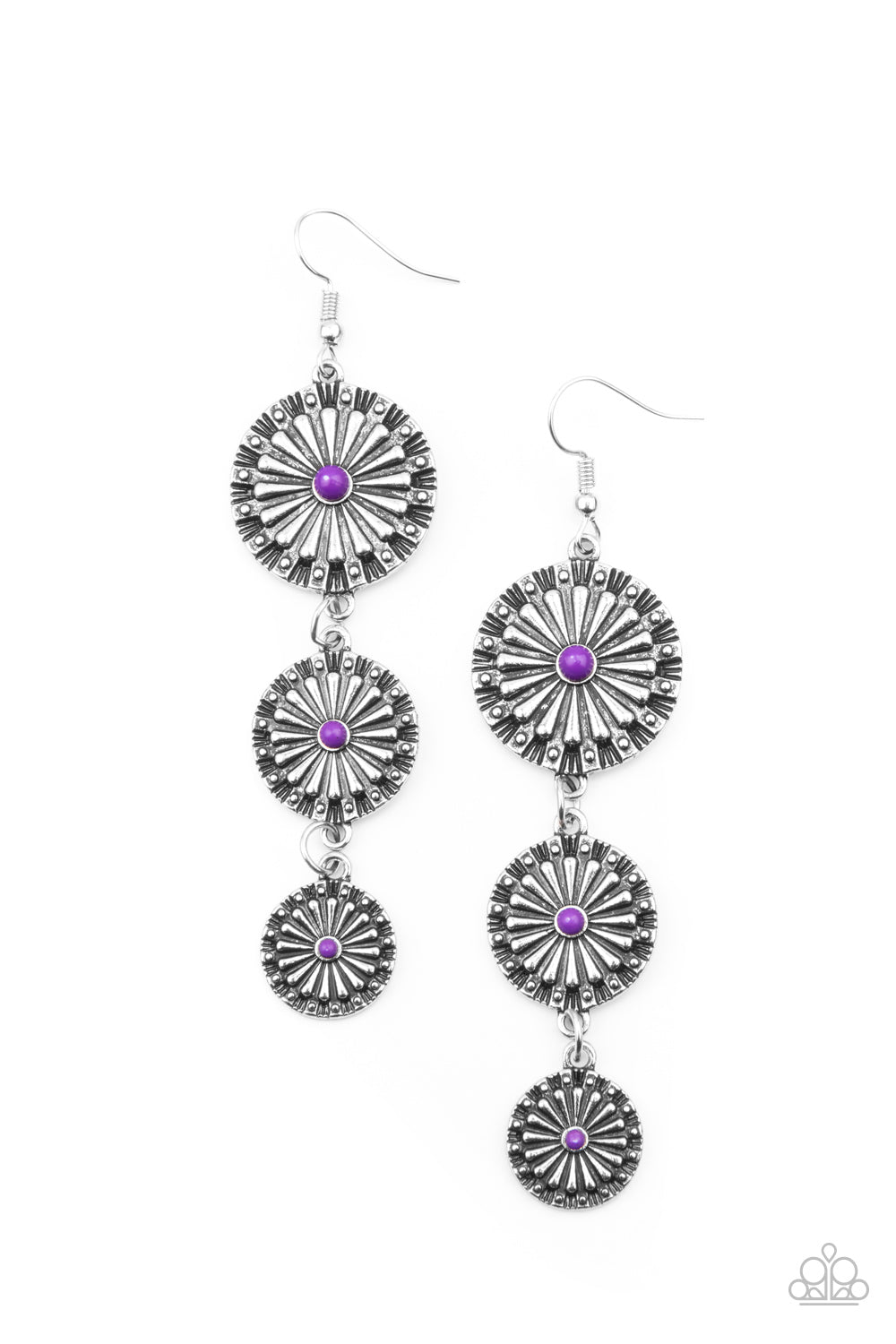 FESTIVELY FLORAL - PURPLE BEADS GRADUATING SILVER FLOWERS LONG EARRINGS