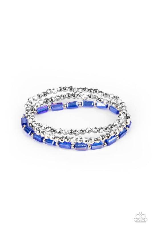 ELEGANT ESSENCE - BLUE IRIDESCENT OIL SPILL SILVER FACETED BEADS STRETCH BRACELET SET
