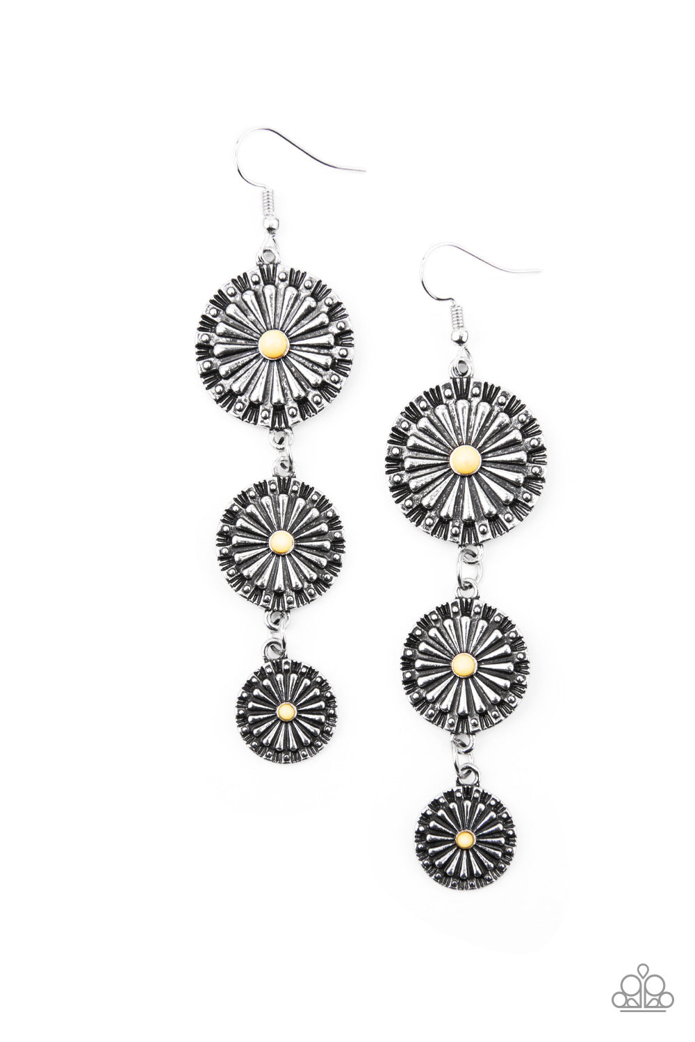 FESTIVELY FLORAL - YELLOW BEADS GRADUATING SILVER FLOWERS LONG EARRINGS