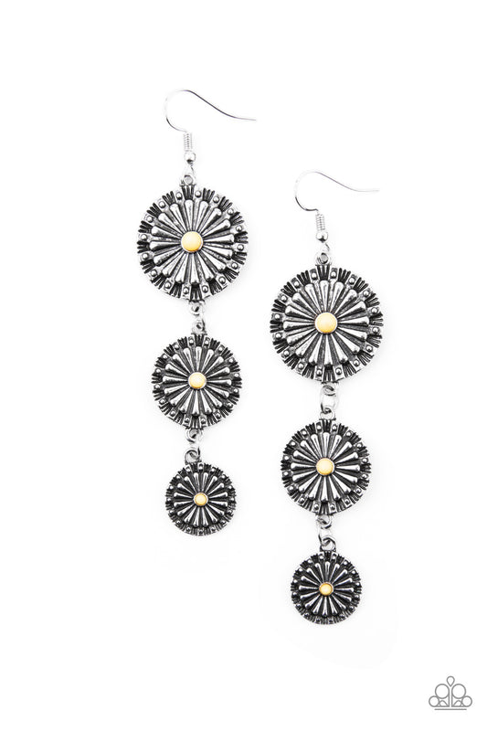 FESTIVELY FLORAL - YELLOW BEADS GRADUATING SILVER FLOWERS LONG EARRINGS