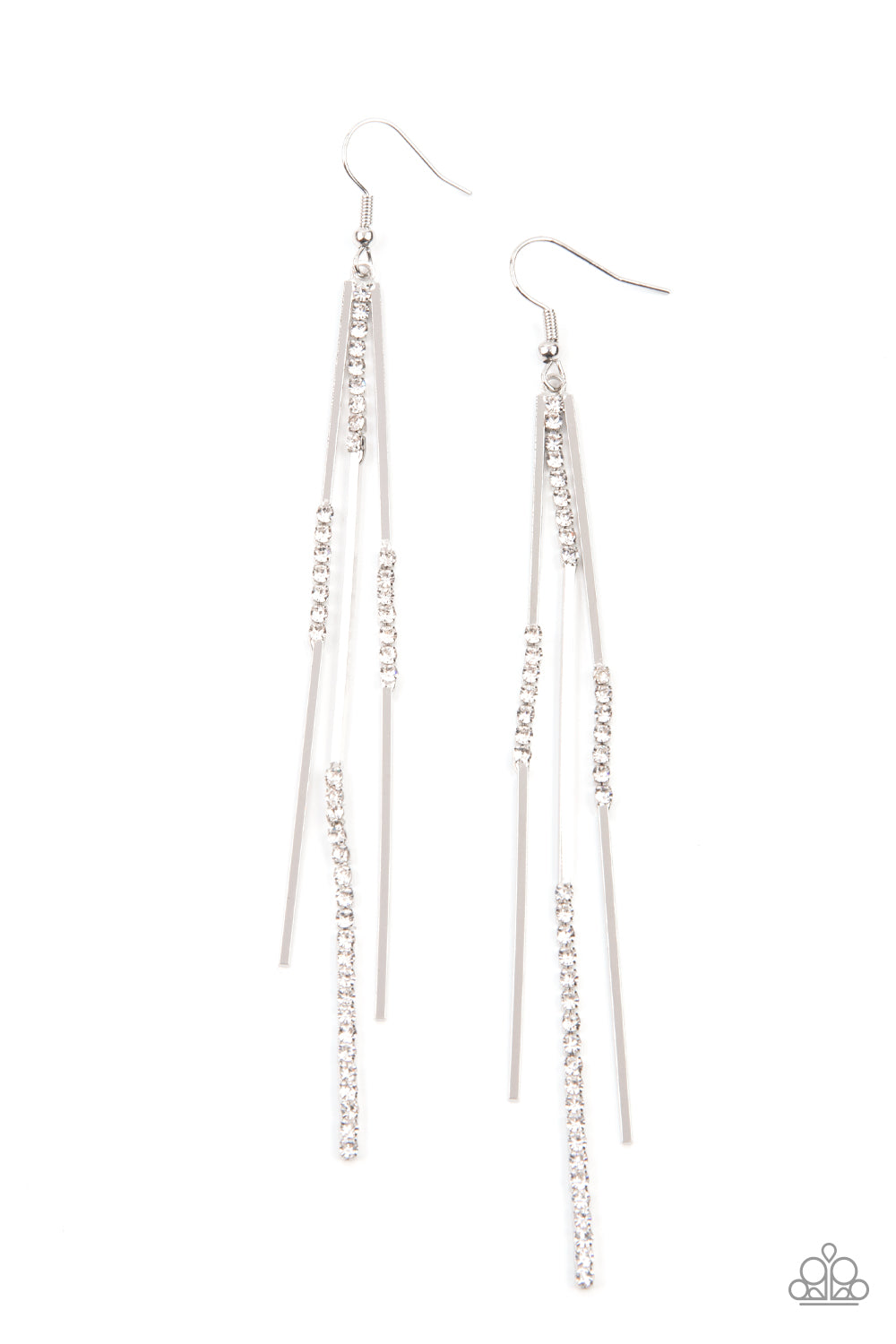 DAINTY DYNAMISM - WHITE CLEAR RHINESTONES SILVER BARS FRINGE LONG DANGLE EARRINGS