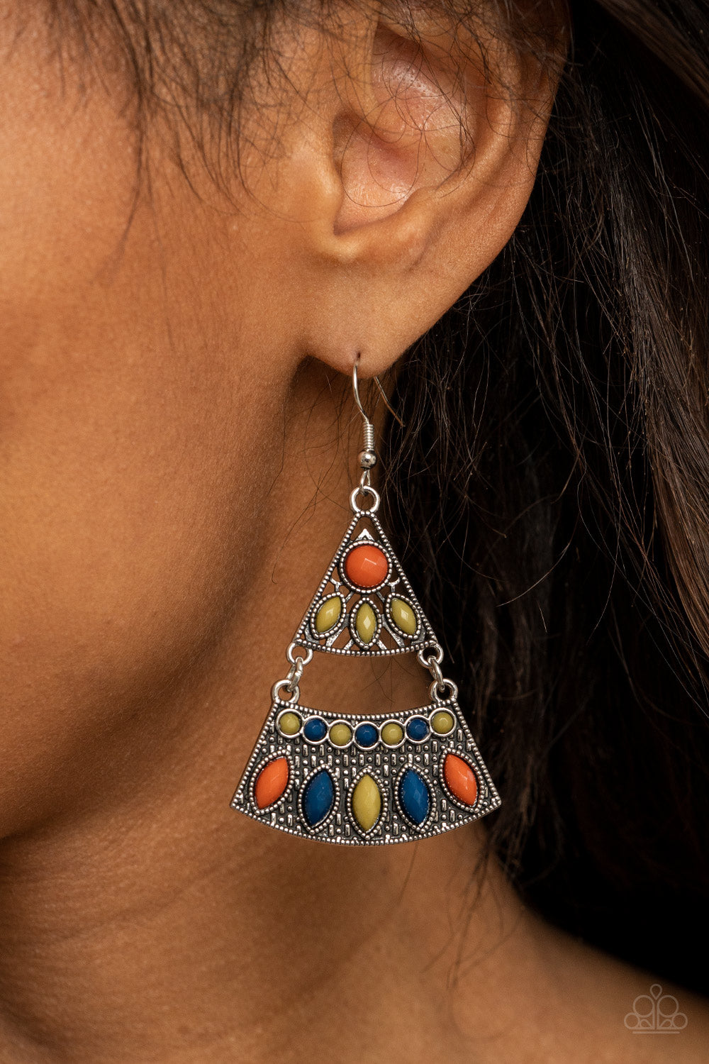DESERT FIESTA - MULTI ORANGE YELLOW BLUE TRIBAL TRIANGLE HINGED SILVER EARRINGS