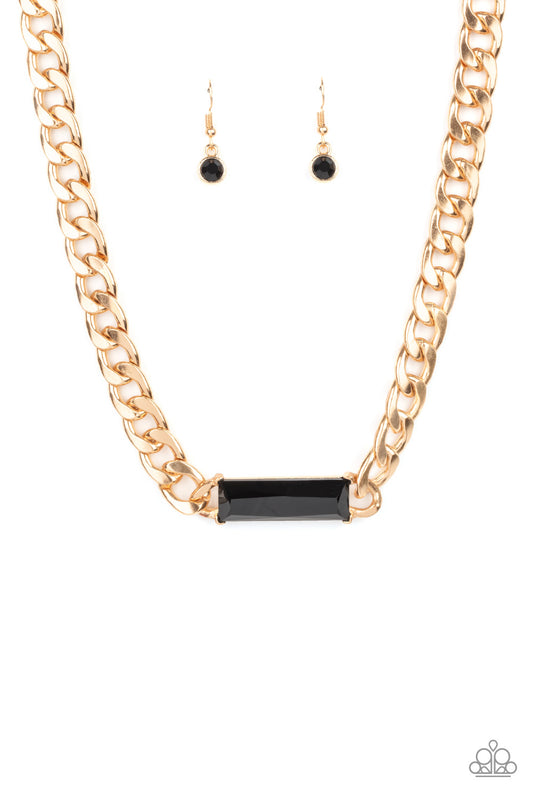 URBAN ROYALTY - GOLD LARGE LINK NECKLACE BLACK ONYX RECTANGLE RHINESTONE NECKLACE