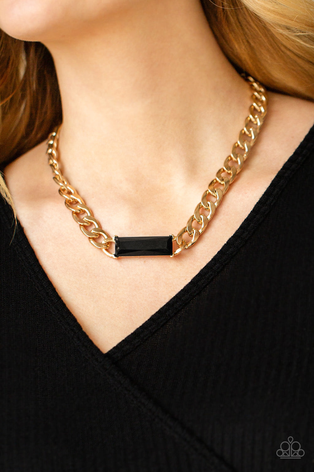 URBAN ROYALTY - GOLD LARGE LINK NECKLACE BLACK ONYX RECTANGLE RHINESTONE NECKLACE