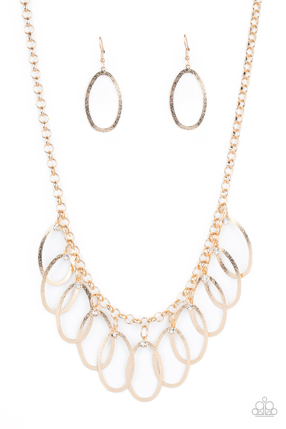 DOUBLE OVAL-TIME - GOLD OVALS WHITE RHINESTONES NECKLACE