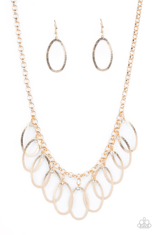 DOUBLE OVAL-TIME - GOLD OVALS WHITE RHINESTONES NECKLACE