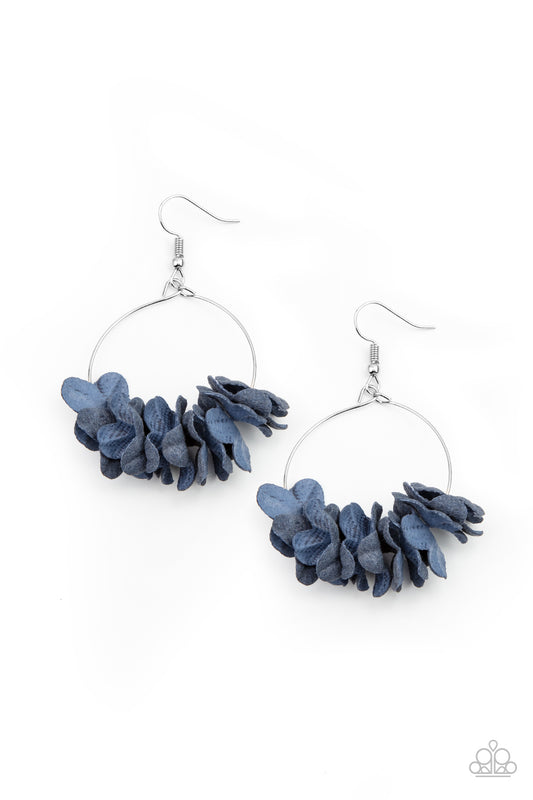 FLIRTY FLORETS - BLUE CREPE FLOWER CLUSTER WIRE HOOP EARRINGS