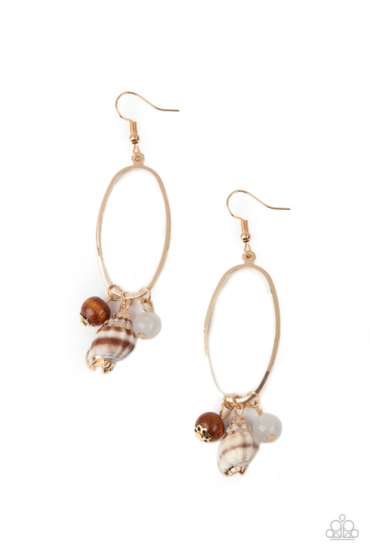 GOLDEN GROTTO - WHITE MOONSTONE WOODEN BEAD SEA SHELL GOLD OVAL EARRINGS