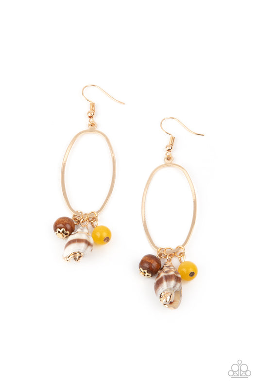 GOLDEN GROTTO - YELLOW GOLD OVAL SEASHELL WOODEN BEADS CLUSTER EARRINGS