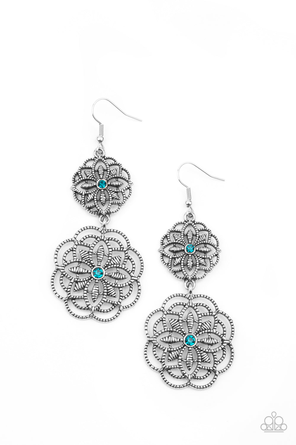 MANDALA MECCA - BLUE TOPAZ RHINESTONES DOUBLE FLOWER FLORAL SILVER DISCS EARRINGS