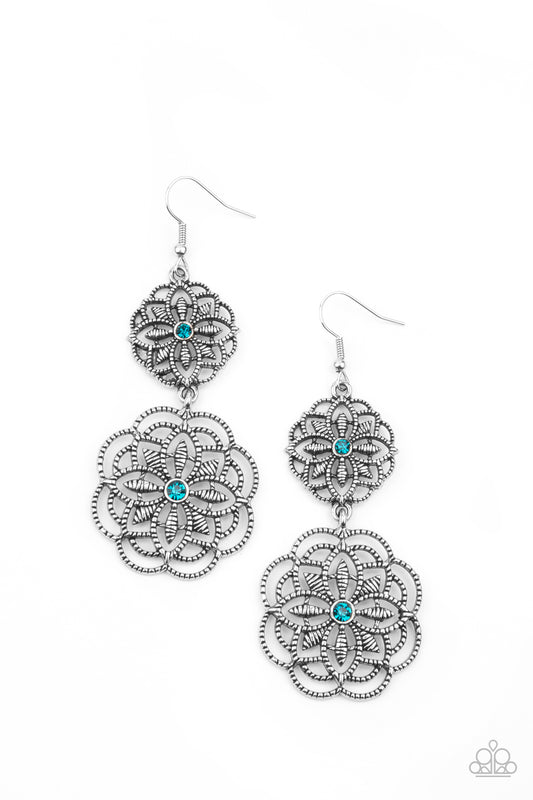 MANDALA MECCA - BLUE TOPAZ RHINESTONES DOUBLE FLOWER FLORAL SILVER DISCS EARRINGS