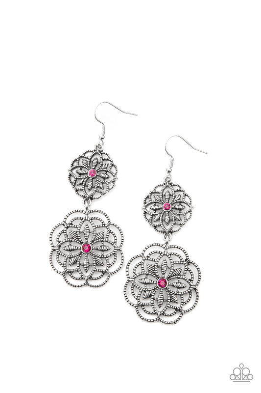MANDALA MECCA - PINK RHINESTONE DOUBLE FLORAL CIRCLE PENDANT EARRINGS