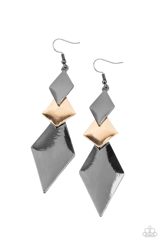 DANGER AHEAD - MULTI BLACK GOLD GEOMETRIC OVERLAPPING KITE EARRINGS