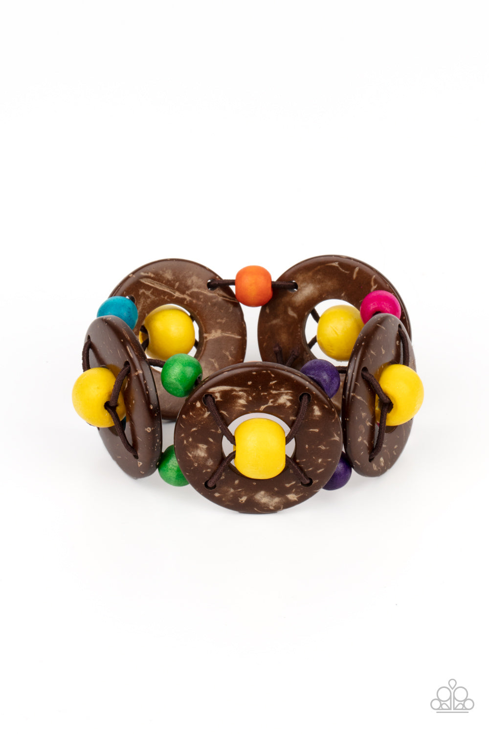 ISLAND ADVENTURE - MULTI YELLOW GREEN BLUE HOT PINK BROWN STRETCH WOOD BRACELET