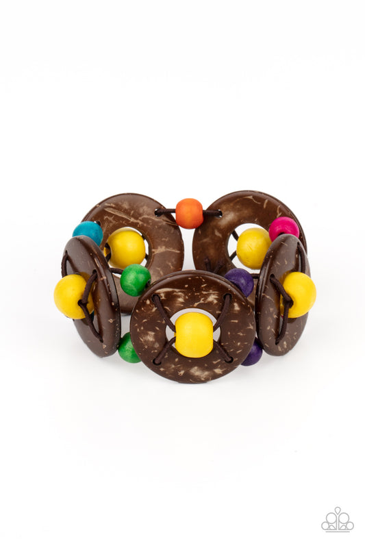 ISLAND ADVENTURE - MULTI YELLOW GREEN BLUE HOT PINK BROWN STRETCH WOOD BRACELET
