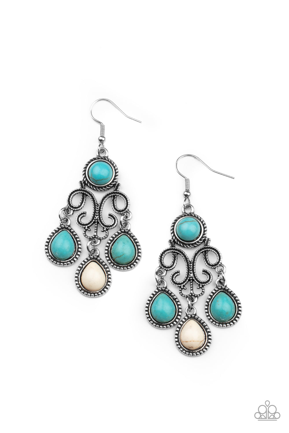 CANYON CHANDELIER - MULTI BLUE WHITE  TURQUOISE FILIGREE EARRINGS