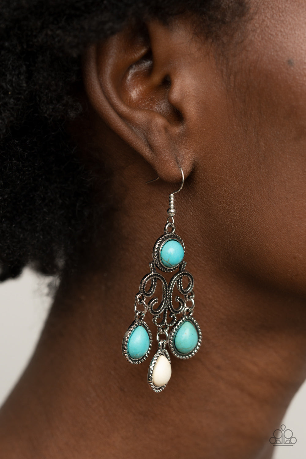 CANYON CHANDELIER - MULTI BLUE WHITE  TURQUOISE FILIGREE EARRINGS