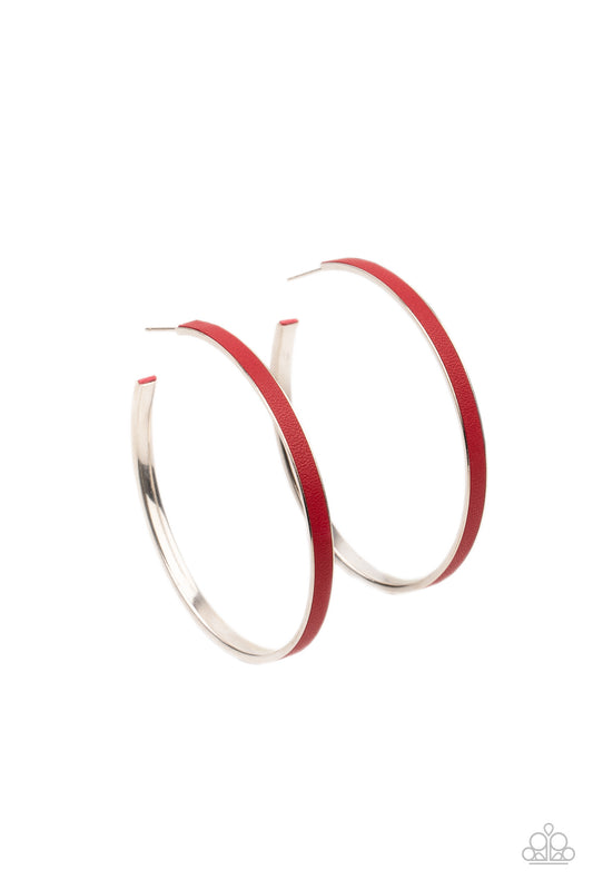 FEARLESS FLAVOR - RED LEATHER OVERLAY LARGE SILVER HOOP EARRINGS