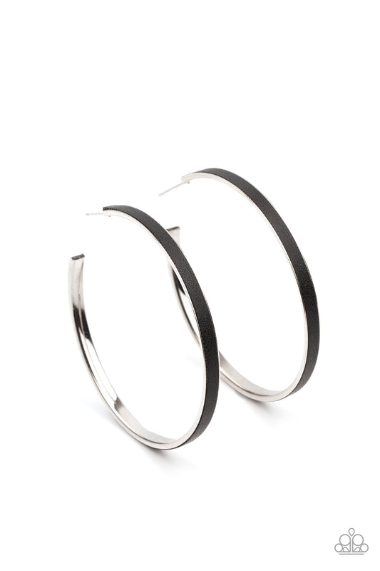FEARLESS FLAVOR - BLACK LEATHER ON SILVER LARGE HOOP EARRINGS