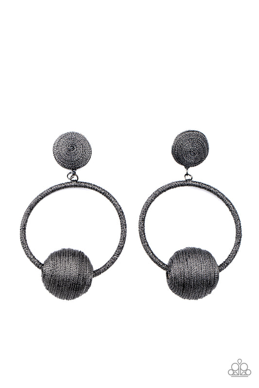 SOCIAL SPHERE - BLACK DARK GRAY THREAD CIRCLE HOOP EARRINGS