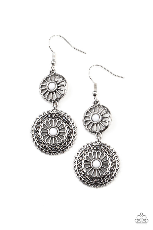 KEEP IT WHEEL - WHITE BEAD FLORAL SILVER DISCS EARRINGS