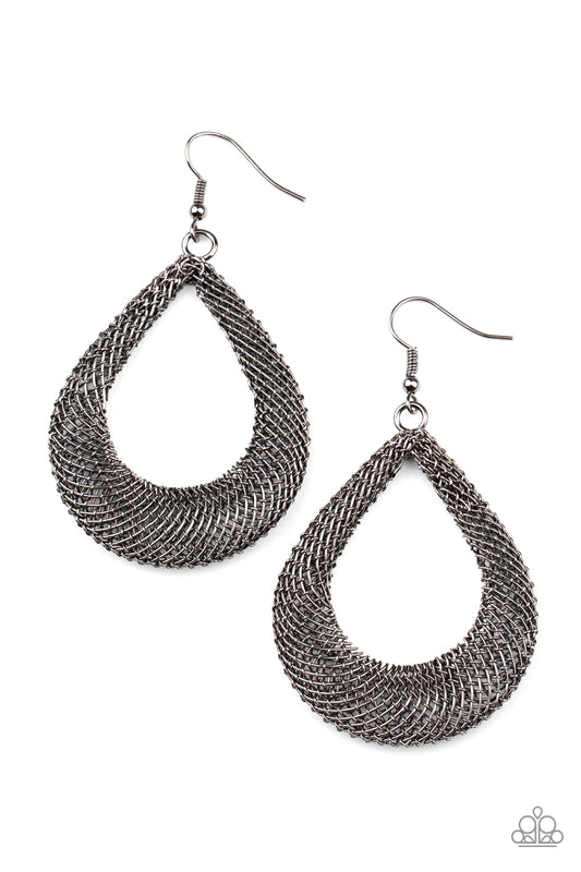 A HOT MESH - BLACK GUNMETAL MESH TEARDROP HOOP EARRINGS