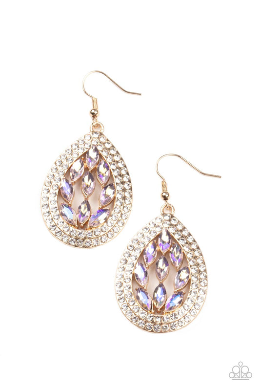 ENCASED ELEGANCE - GOLD IRIDESCENT LAVENDER RHINESTONES TEARDROP EARRINGS
