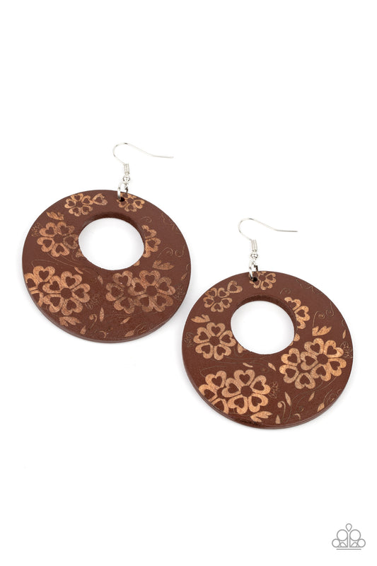 GALAPAGOS GARDEN PARTY - BROWN FLORAL ETCHED WOODEN HOOP EARRINGS
