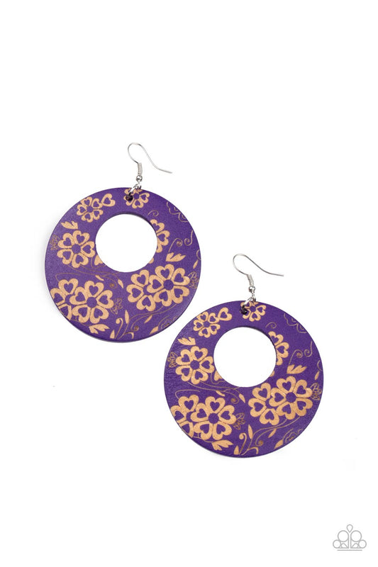 GALAPAGOS GARDEN PARTY - PURPLE FLORAL ETCHED WOODEN HOOP EARRINGS