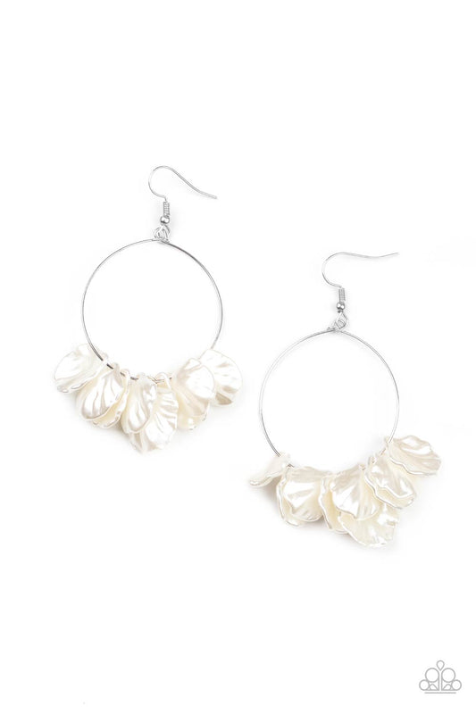 SAILBOATS AND SEASHELLS - WHITE SILVER WIRE HOOP MOTHER OF PEARL SHELL BEADS EARRINGS
