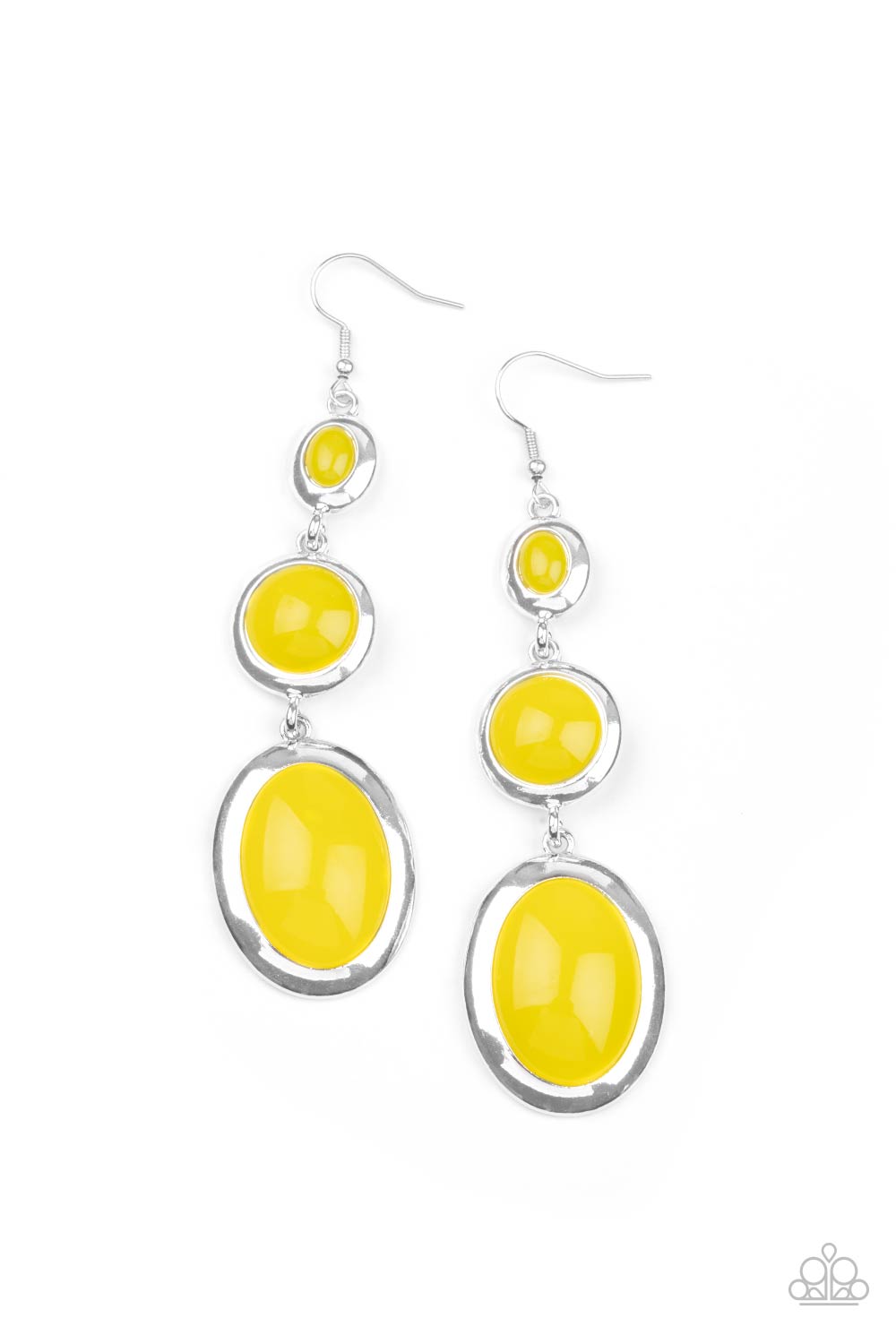 RETRO REALITY - YELLOW LEMON ACRYLIC BEADS OVAL SILVER FRAME PENDANT EARRINGS