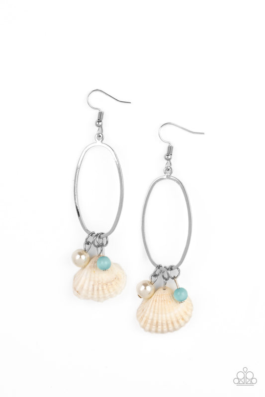 THIS TOO SHELL PASS - BLUE MOONSTONE WHITE PEARL SEASHELLS SILVER OVAL EARRINGS