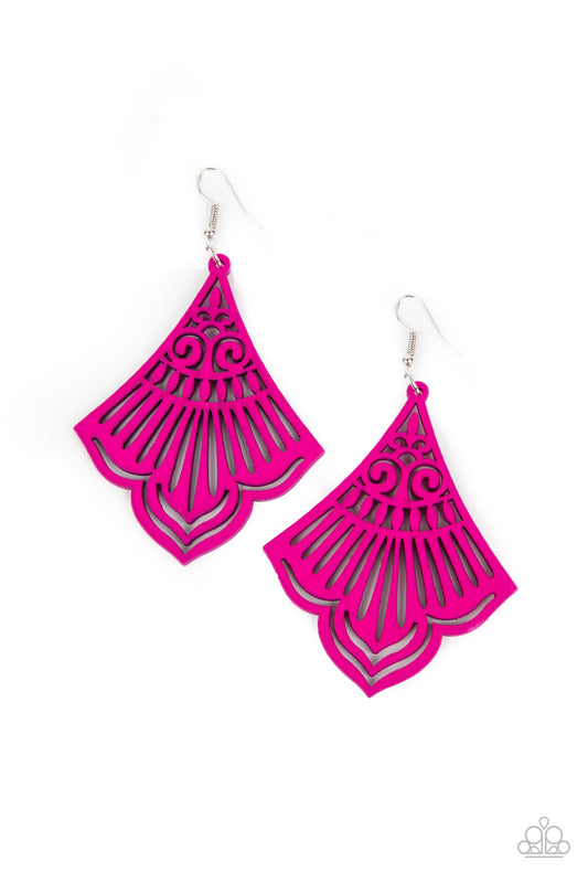 EASTERN ESCAPE - PINK WOODEN CUTOUT FAN EARRINGS