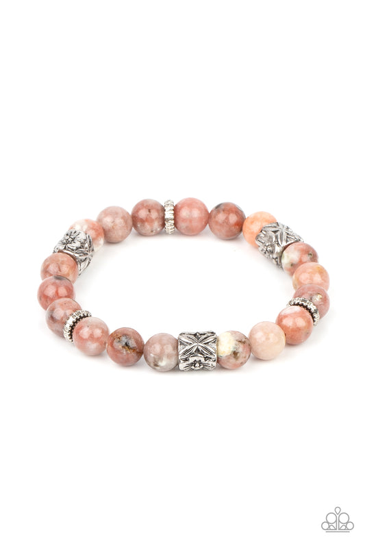 GARDEN ZEN - PINK NATURAL STONE MARBLE SILVER BEADS STRETCH BRACELET