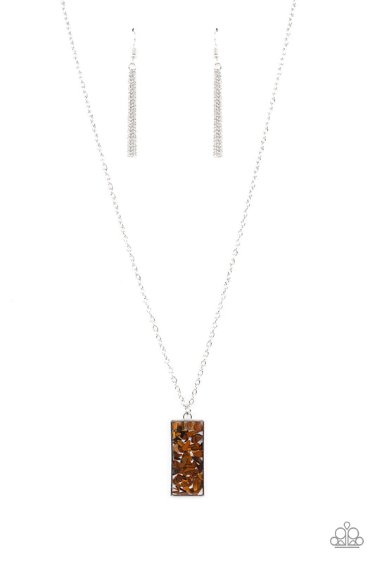 RETRO ROCK COLLECTION - BROWN TIGER EYE STONE CHIPS RECTANGLE RESIN NECKLACE