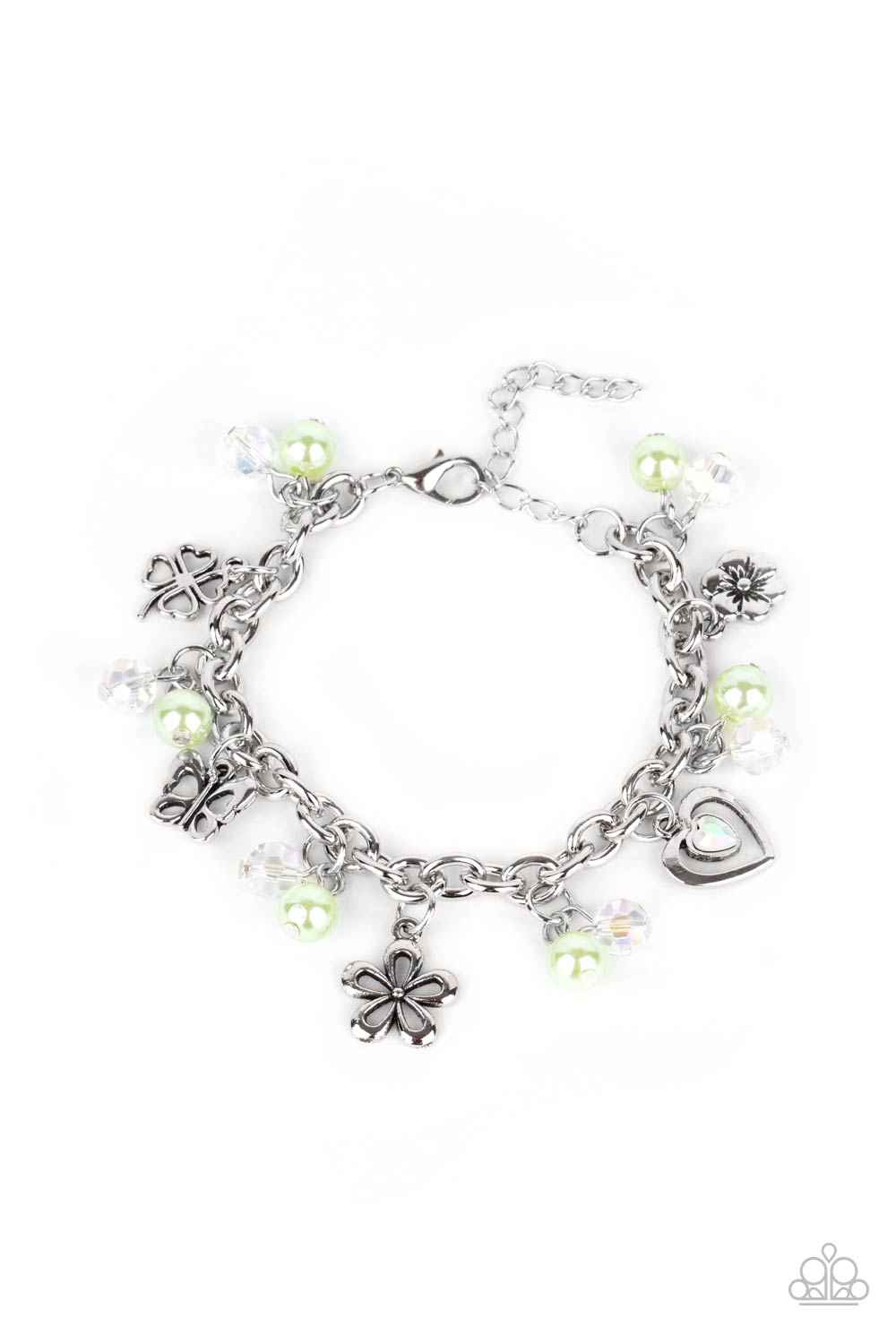 RETREAT INTO ROMANCE - GREEN LIME MINT PEARLS SILVER HEART FLOWERS CHARM BRACELET