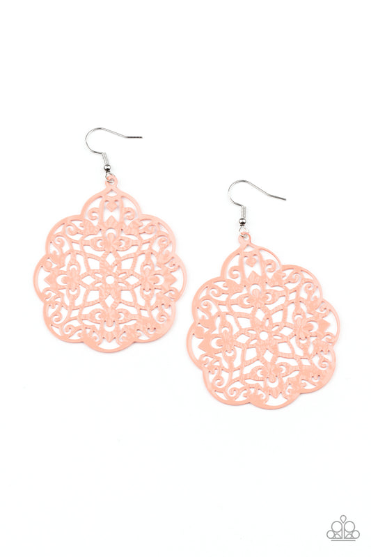 MEDITERRANEAN EDEN - ORANGE PEACH CUT OUT FLORAL MANDALA EARRINGS