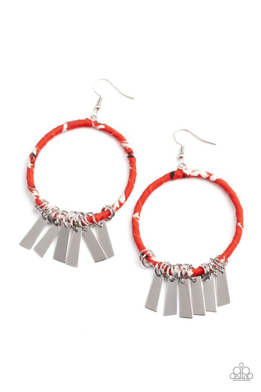GARDEN CHIMES - RED YELLOW WHITE FLORAL FABRIC WRAPED SILVER HOOP FRINGE EARRINGS