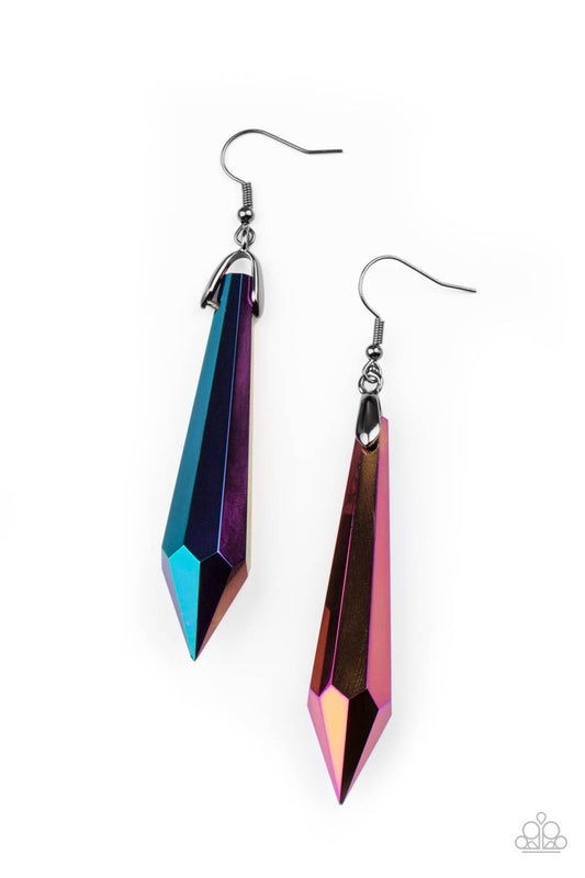 SHARP DRESSED DIVA - MULTI OIL SPILL IRIDESCENT RAINBOW METAL LONG EARRINGS
